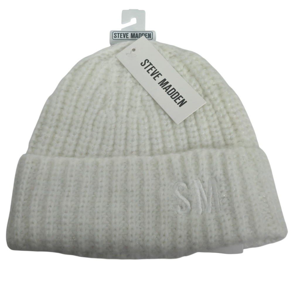 Steve Madden Ivory Metallic Wool Blend Ribbed Knit Beanie Hat SM Logo NWT